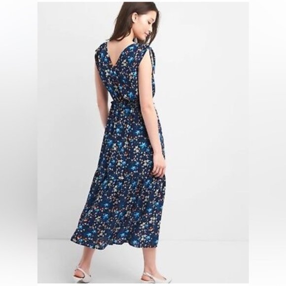 Gap Floral Tiered MIDI Dress Navy Blue v neck with shoulder ties - Picture 5 of 14
